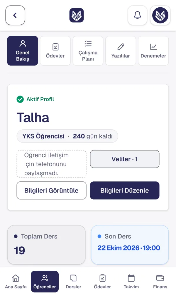 Öğretmenin gördüğü öğrenci sayfası