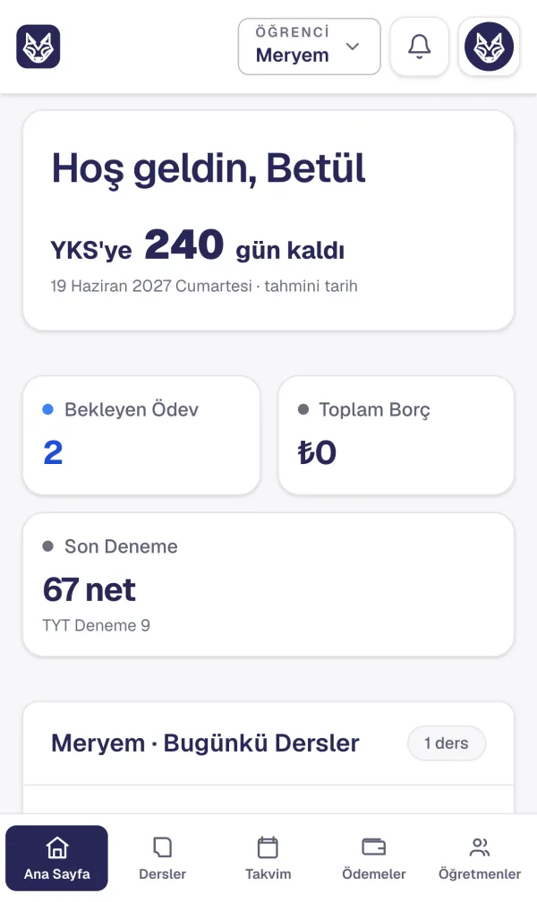 Velinin ana sayfası: bekleyen ödev, borç ve son deneme